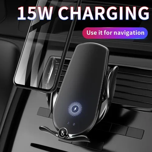 Vista 3 de Cargador inalámbrico M3 negro con sensor automático para ventilación de aire para coche, soporte para teléfono de 15 W, carga rápida, iOS Android