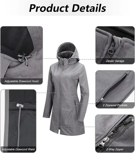 Vista 3 de 33,000ft Chaqueta impermeable Softshell larga para mujer con capucha forro polar cortavientos cortavientos
