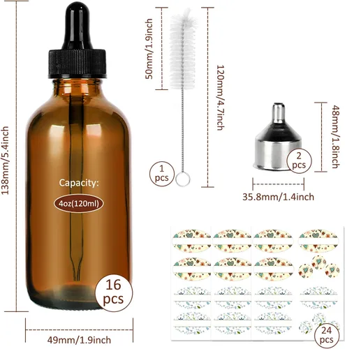 Vista 2 de CycleMore 16 Pack 4 oz Amber Glass Boston Bottles with Glass Droppers