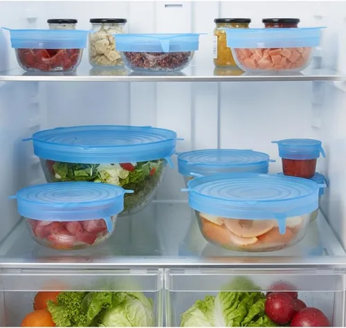 Vista 6 de Paquete de 6 tapas elásticas de silicona, fundas reutilizables para almacenamiento de alimentos, aptas para microondas, congelador y lavavajillas