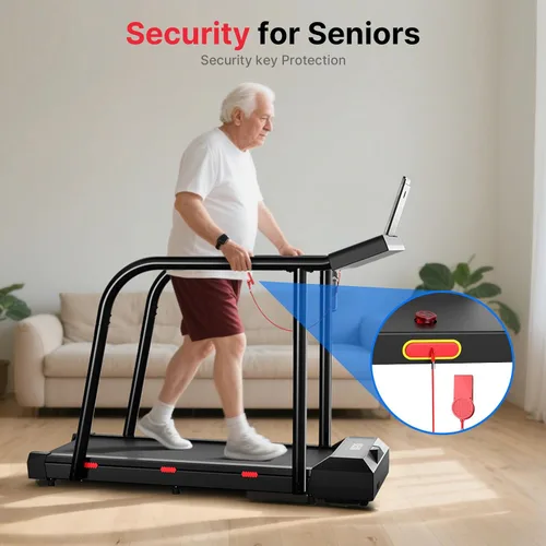 Vista 4 de Treadmill for Seniors with Long Handrails, Emergency Stop Button 4 Major Safety Protections, 300 lb Capacity, LED Display, Remote Control and