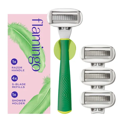 Vista 13 de Flamingo Juego de maquinilla de afeitar para mujer, mango de afeitar, 4 recambios de cuchillas de afeitar, soporte de ducha, cromado