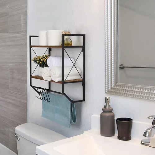 Vista 2 de Toallero de baño de 2 niveles con toallero, toallero rústico con estante para almacenamiento de pared con ganchos sobre estante de inodoro, estante