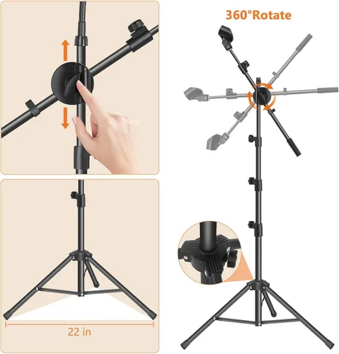 Vista 6 de Ramzi Soporte de Micrófono, Soporte de Micrófono de Piso con Brazo 6 en 1, Soporta Brazo Cuello de Cisne Clips de Micrófono Soporte para Tableta