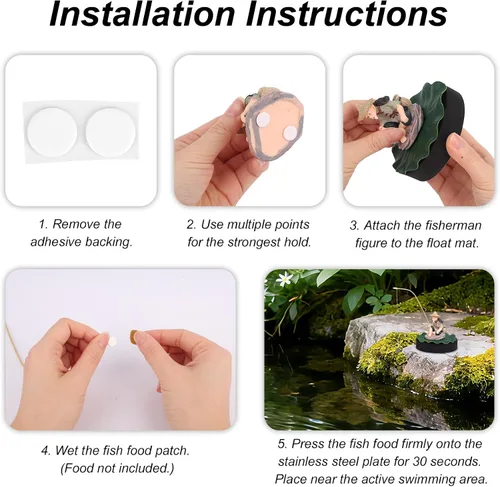 Vista 5 de Decoración flotante para pecera, figura de acuario de pescador con base de hoja de loto y caña de pescar divertido alimentador de peces estatua