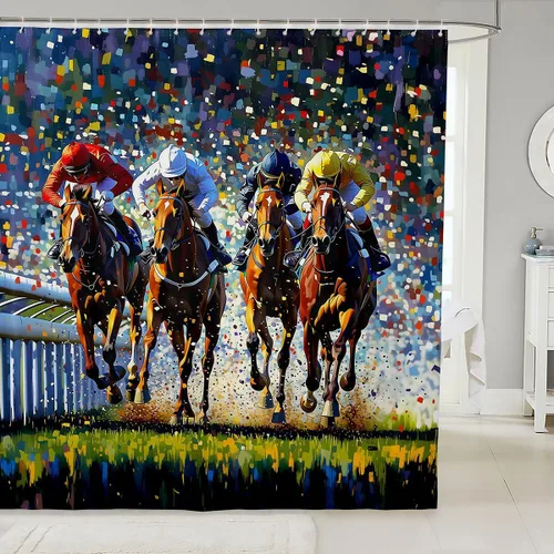 Vista 43 de Castle Fairy Watercolr - Cortina de ducha de tela de carreras de caballos, cortinas de ducha de juego de caballos para baño, cortina de ducha