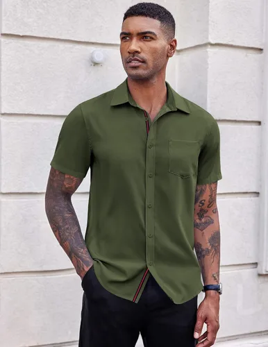 Vista 2 de COOFANDY Camisas casuales con botones para hombre, camisa de vestir de manga corta elástica con bolsillo