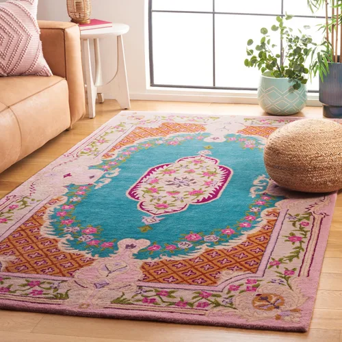 Vista 26 de SAFAVIEH Bellagio Collection - Alfombra decorativa de 2 x 3 pies, azul y rosa, hecha a mano de lana de medallón, ideal para zonas de alto tráfico