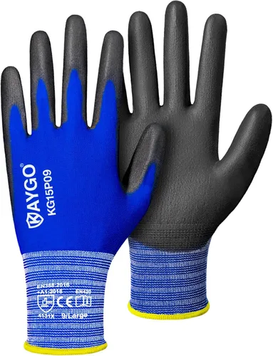 Vista 6 de KAYGO Guantes de trabajo con revestimiento de poliuretano 12 pares, KG15P, forro de nailon con revestimiento de poliuretano flexible, guantes