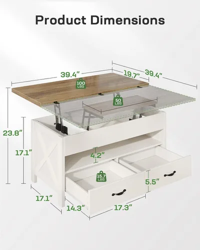 Vista 3 de Marsail Mesa de Centro Elevable de 40", Mesa de Centro 4 en 1 con Compartimento Oculto, 1 Estante Abierto y 2 Cajones, Mesa Central Multifuncional