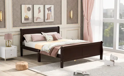 Vista 7 de Cama de plataforma de madera maciza tamaño matrimonial con cabecera y estribo de trineo, base de cama de plataforma de madera completa con Espresso