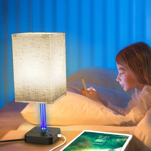 Vista 6 de COZOO - Lámpara de mesa y mesita de noche con control táctil de intensidad regulable de 3 vías, 3 puertos de carga USB y 2 tomas de corriente, base