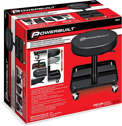 Vista 7 de Powerbuilt - Asiento rodante, taburete de garaje con altura ajustable y bandeja para herramientas, suave y acolchado para reparación de automóviles