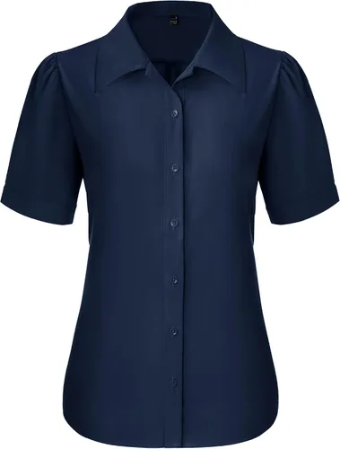 Vista 16 de Gleeivy Camisas de botones para mujer de manga corta abombada, camisas de vestir abotonadas con cuello ajustado, blusa superior de trabajo