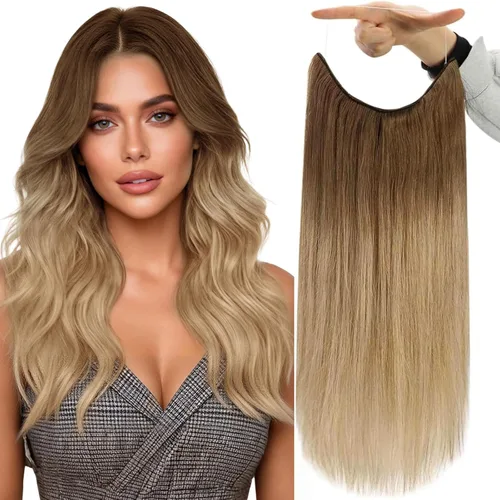 Vista 47 de Fshine - Extensiones de cabello con hilo invisible de 12 pulgadas, color rubio ceniza con reflejos de rubio decolorado, pieza de cabello humano real