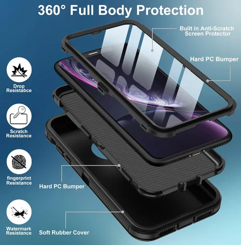 Vista 3 de Funda para iPhone XR, con protector de pantalla integrado, protección resistente contra caídas, cuerpo completo, a prueba de golpes, a prueba