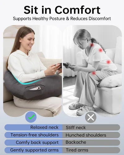 Vista 6 de ENITYA Almohada ergonómica en forma de U para lectura y juegos con soporte para el codo del brazo para adultos y niños, almohada de reposo en cama