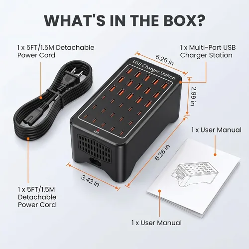 Vista 7 de Estación de carga USB C de 150 W, cargador rápido de múltiples dispositivos de 30 puertos (15 USB-C + 15 USB-A), cargador de escritorio, compatible
