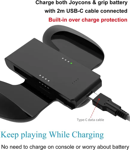 Vista 3 de Kinvoca Joy Con agarre de carga con batería de 2000 mAh, agarre cómodo 2 en 1 para Nintendo Switch Joy-Con Controller, cargador Joycon con cable