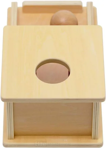 Vista 5 de Montessori, caja de permanencia de objetos con charola y pelota.
