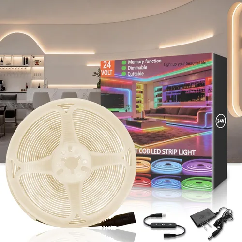 Vista 9 de Tira de luces LED COB verde de 10 pies, 24 V, regulable, alta CRI95+, ultra brillante, flexible, tira de luces LED, tira de luces para el día de San