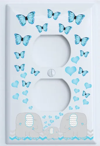 Vista 2 de Placa de interruptor de luz con corazones de mariposa azul y elefante, cubierta de salida para decoración de guardería con Chevrons