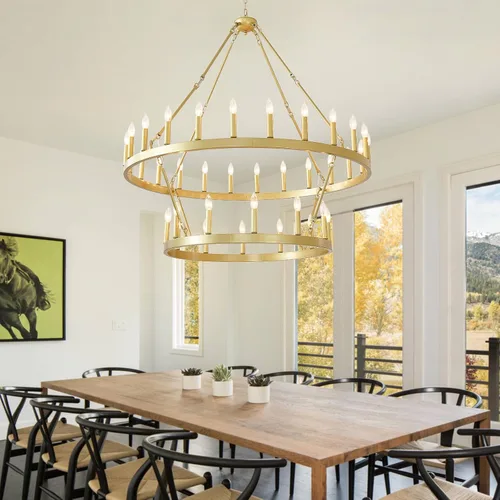 Vista 7 de EGM Candelabro dorado de 48 pulgadas con rueda de carro de 2 niveles, 36 luces grandes de color dorado cepillado estilo granja, lámparas de techo