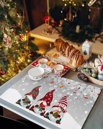 Vista 2 de Juego de 1 mantel individual gris de Navidad, manteles individuales de enanos de invierno y cardenales antideslizantes, manteles individuales