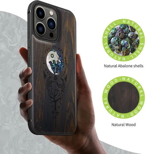 Vista 2 de Carveit Funda protectora de madera de diseñador para iPhone 13 Pro, funda magnética [grabado en madera e incrustaciones de carcasa] Funda de madera