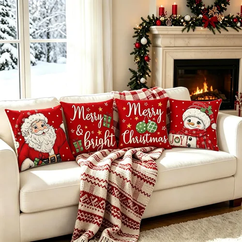 Vista 3 de Juego de 4 fundas de almohada rojas de 18 x 18 pulgadas, diseño de Papá Noel, muñeco de nieve, Feliz Navidad, para sofá, decoración de vacaciones
