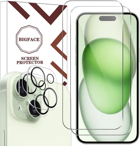 Vista 9 de BIGFACE Protector de pantalla compatible con iPhone 15 Pro + protectores de lente de cámara, [2 + 2 unidades] de vidrio templado transparente HD