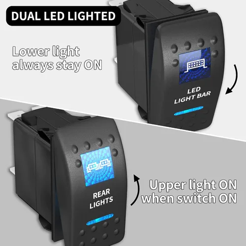 Vista 4 de DaierTek Interruptor basculante de barra de luz LED y luces traseras, interruptor basculante azul 12V/24V 20A/10A 5 pines marino con cables