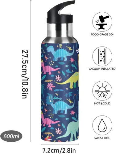 Vista 9 de Stainless Steel Water Bottle 20 Oz, BPA-Free Sport Water Bottle Insulated for Gym Outdoor Travel School, Dinosaurs Tropical Navy Blue