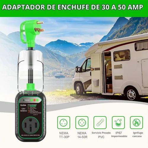 Vista 4 de EyGde Adaptador RV de 30 amperios a 50 amperios con protector de sobretensiones, NEMA TT-30P macho a enchufe hembra 14-50R, analizador de circuitos