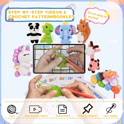 Vista 4 de Alutaba Kit de ganchillo de 6 piezas para principiantes, kits de animales de ganchillo para adultos con tutoriales de videos paso a paso, kit