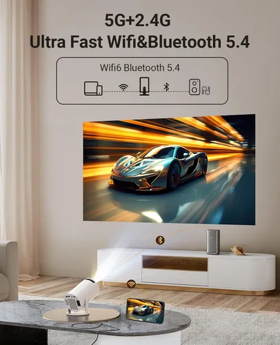 Vista 5 de Mini proyector con WIFI 6 y Bluetooth, proyector portátil con soporte 4K 1080P, aplicación incorporada, Android 11, 150 ANSI, corrección trapezoidal