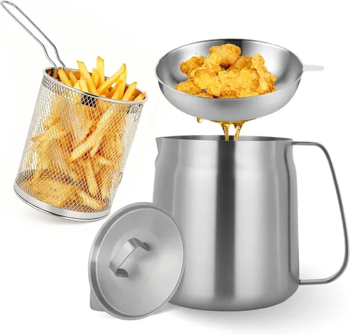 Vista 8 de Freidora de acero inoxidable 304 de 68 onzas con cesta y colador de aceite, 2L Enjoy Crispy Deep Frying, Small Stovetop fry for Kitchen & Camping
