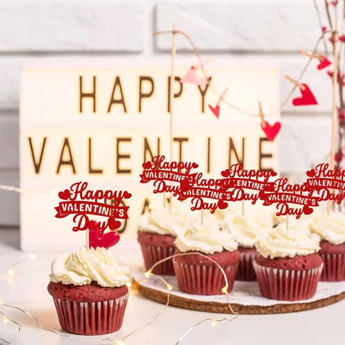 Vista 5 de Rsstarxi Paquete de 24 adornos para cupcakes para el día de San Valentín, con purpurina roja, dulce amor, para cupcakes, decoración de San Valentín