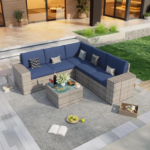 Vista 15 de Juego de muebles de patio de 6 piezas, sofá modular para exteriores con reposabrazos anchos, sofá de grupo de asientos de mimbre con mesa auxiliar