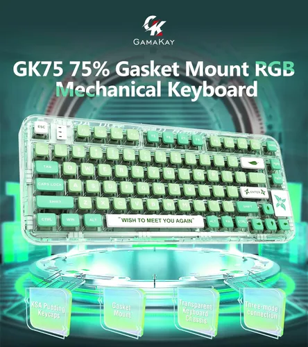 Vista 2 de GK GAMAKAY GK75 Teclado mecánico con junta transparente 75% RGB, BluetoothUSB-C2.4GHz, 80 teclas, interruptor amarillo Gateron de intercambio