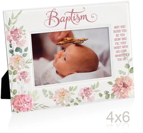 Vista 4 de KATE POSH Marco de fotos de bautismo para niña, decoración de flores rosas, bautizo, regalo religisoso, de padrinos, bebé nuevo (4 x 6 horizontal)