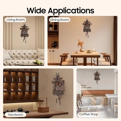 Vista 8 de Reloj de cuco de madera de estilo alemán con péndulo, funciona con pilas, reloj de pared con decoración de bosque, silenciador nocturno y volumen