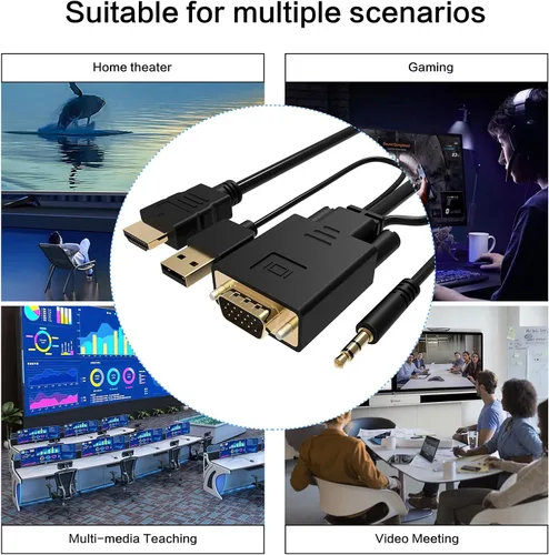 Vista 2 de VCOM Cable VGA a HDMI de 6 pies, adaptador VGA a HDMI con alimentación USB y audio, salida de fuente VGA de PC de 1080 p a 60 Hz a TV/monitor