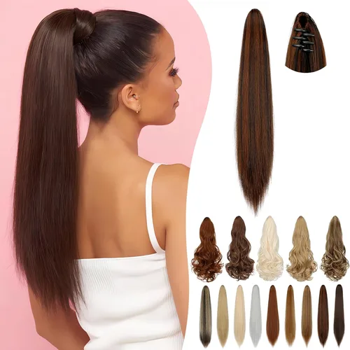 Vista 30 de Extensión de cola de caballo de 18 pulgadas, 20 pulgadas, larga, rizada, ondulada, recta, con clip, de aspecto natural, extensión de cabello