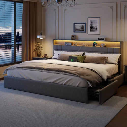 Vista 10 de Forestell Base de cama Queen con 4 cajones y cabecera de almacenamiento, base de cama tapizada tamaño Queen con luces LED y estación de carga Beige