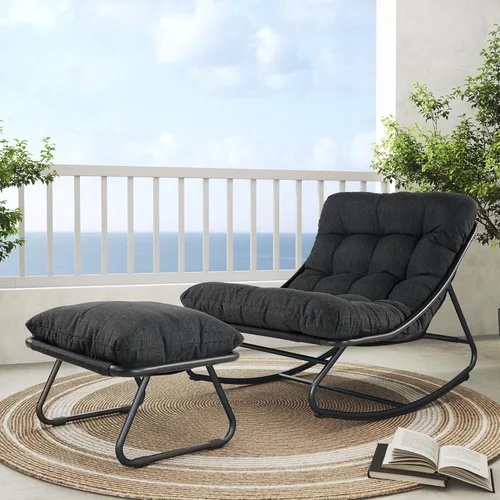 Vista 8 de Silla mecedora para exteriores Grand Patio, mecedora de salón de metal con cojín grueso, balancín moderno y cómodo para patio, porche, terraza, Beige