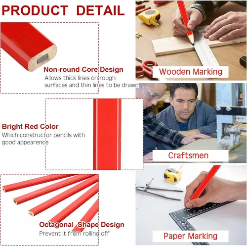 Vista 4 de 120 lápices de carpintero a granel, plan de construcción de madera natural de dureza media, madera plana, octogonal, rojo, negro, para marcado
