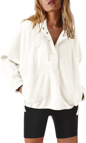 Vista 39 de Nirovien - Chaqueta de forro polar con capucha para mujer, manga larga, sherpa, sudadera mullida, abrigada, con botones y bolsillos Un rosa