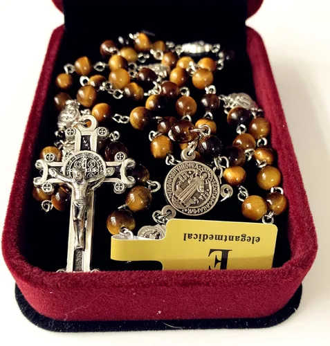 Vista 2 de elegantmedical Catholic Nice Saint St. Benedict Tiger Eye Beads Gift Rosario Collar Cruz Jerusalén, Cobre
