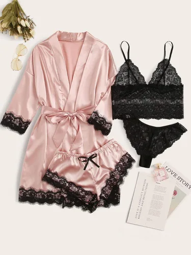 Vista 5 de WDIRARA Conjunto de pijama de lencería con encaje floral de satén para mujer 4 piezas conjunto de pijama con bata